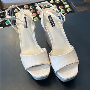 Nine West Cream Patent Platform Block Heel Sandals